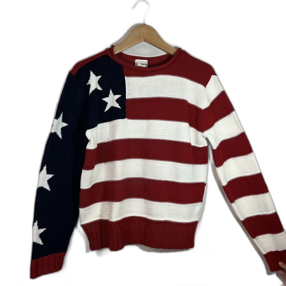 Newport News American Flag Sweater Knit July Fourth 4th Vintage Red Blue Medium